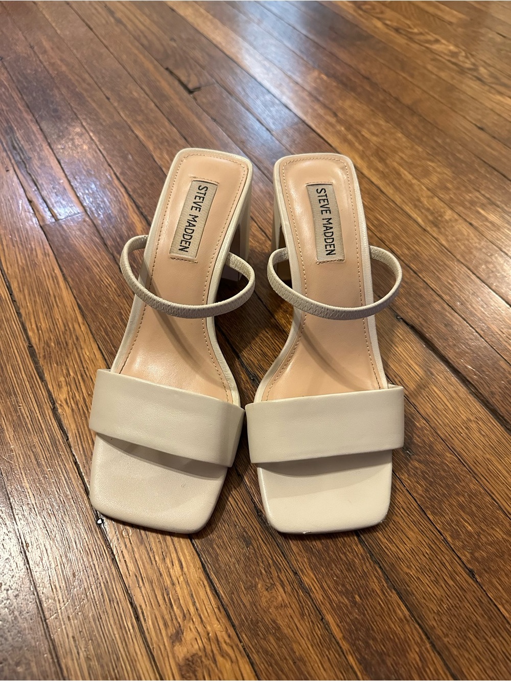 Steve Madden Cream Square-Toe Slide Heels with Ankle Strap